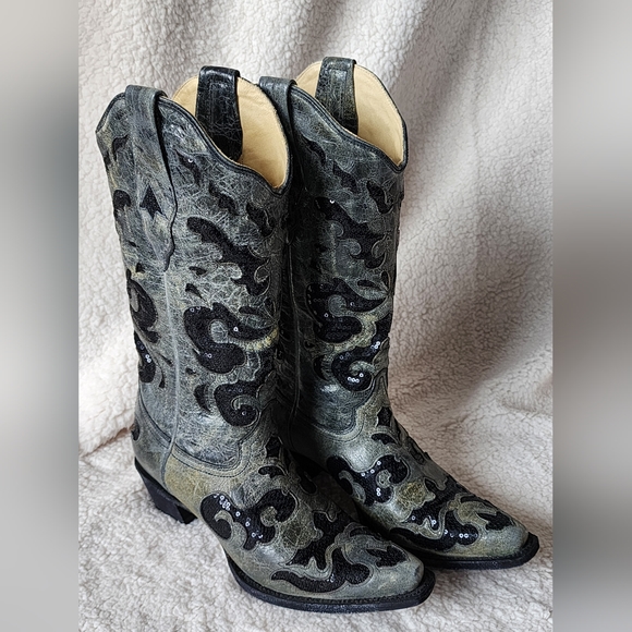 Corral Women's Gray & Black Sequin Inlay Western Boots with Snip Toe Size 7.5 - Picture 4 of 14